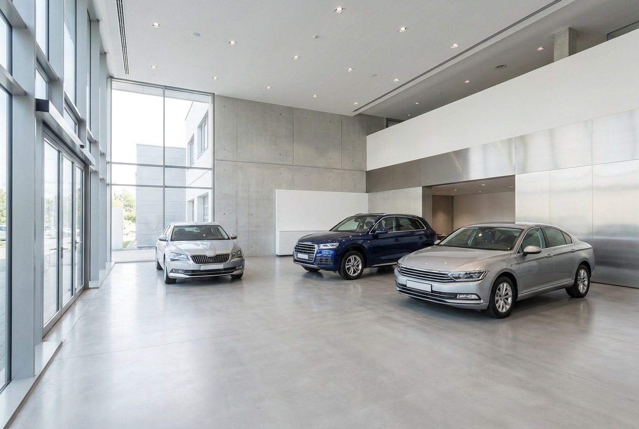 Moderner Autohaus-Showroom mit Neuwagen hinter einer Glasfassade