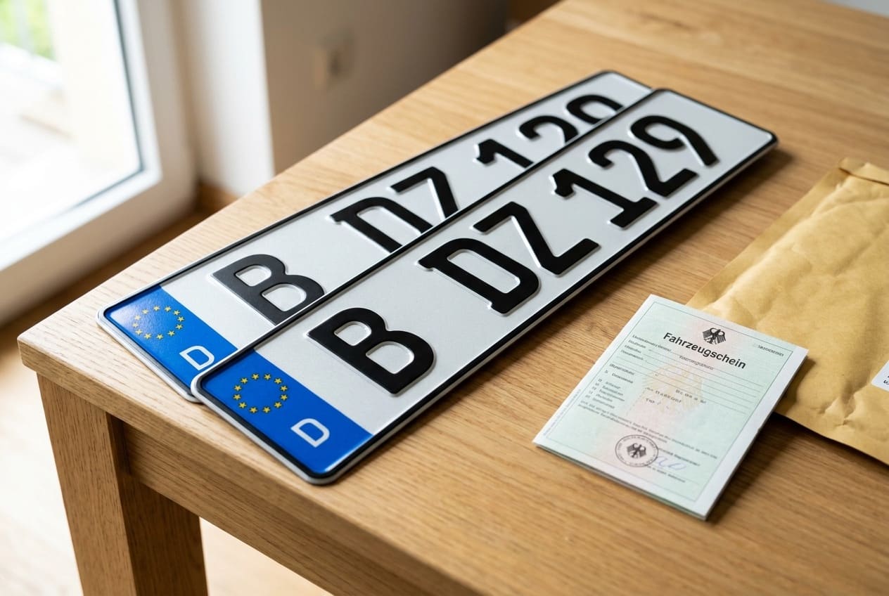 Frisch geprägtes Kennzeichenpaar mit Fahrzeugschein und Versandumschlag auf einem Holztisch